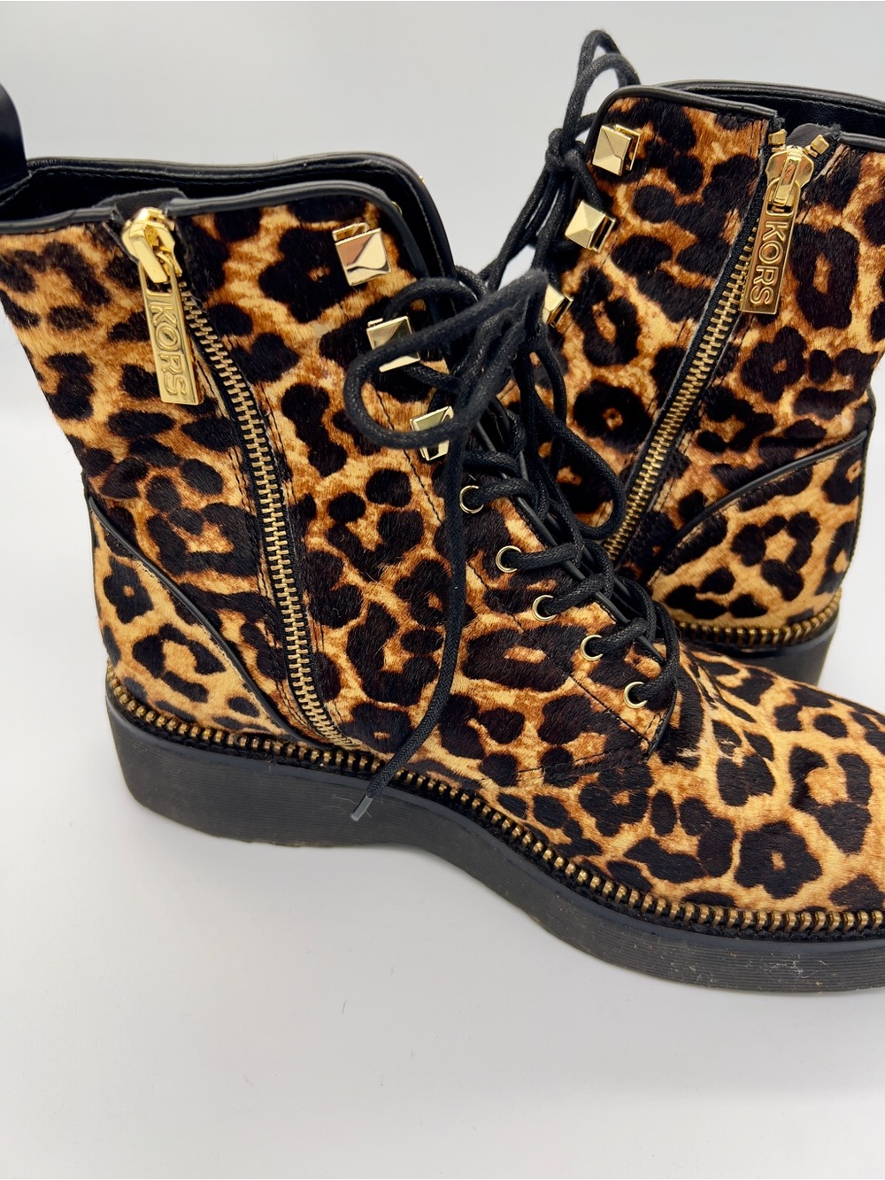 Michael Kors Leopard Print Lace-Up Ankle Boots with Gold Studs - Picture 4 of 7